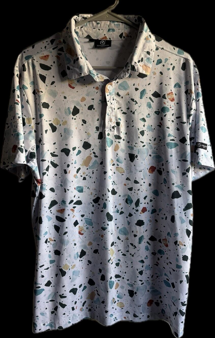 GreenSide Golf Terrazzo Mosaic Polo Shirt Mens Medium White Blue Stretch Short